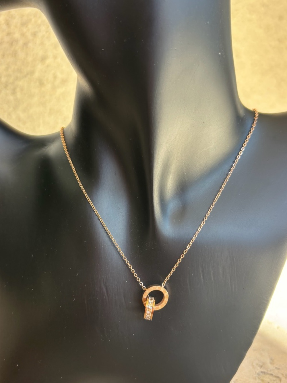 Rose gold plated CZ Roman numerals double rings Pendant Necklace
